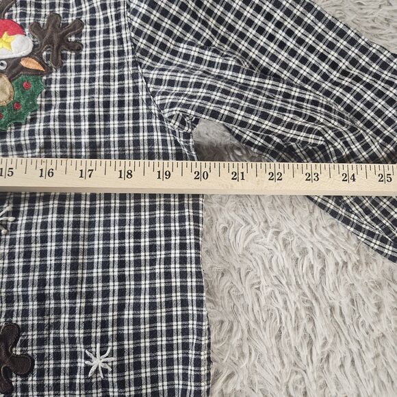 Vintage Women S Christmas Button Up Black White Plaid Reindeer Santa Embroidered - Picture 11 of 13
